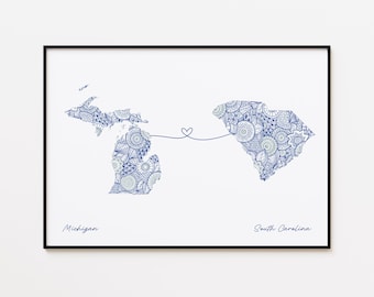 Impresión de mapa de Michigan y Carolina del Sur, impresión de conexión estatal, arte mural minimalista de viajes
