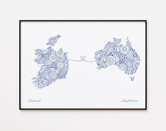 Impresión de mapa de Irlanda y Australia, mapa de conexión de países, regalo de larga distancia
