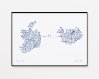 Ireland Iceland Map Print, Country Connection Gift, Long Distance Relationship Gift