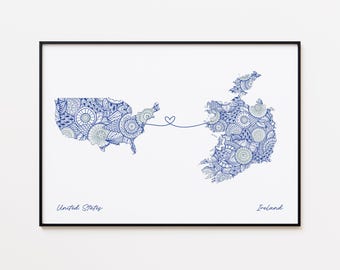 USA Ireland Map Print, Moving Abroad Gift, Long Distance Relationship Gift