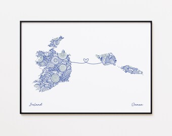 Impresión de mapa de Irlanda y Samoa, arte de viaje de dos países, impresión de viaje de amistad