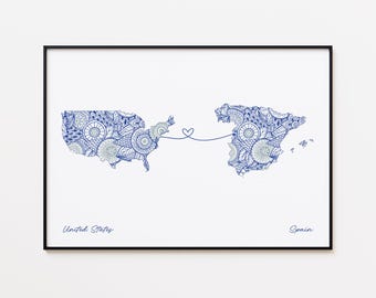 USA Spain Map Print, Two Countries Travel Art, Friendship Map Print