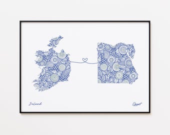 Ireland Egypt Map Print, Country Connection Art, Long Distance Gift