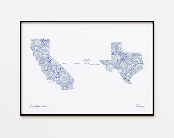 Impresión de mapa de California y Texas: dos estados enamorados, un regalo de amor lejano