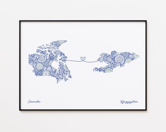 Impresión de mapa de Canadá y Kirguistán, arte de viaje de dos países, arte mural minimalista de viajes