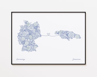 Impresión de mapa de Alemania y Jamaica, impresión de conexión entre países, arte mural minimalista de viajes