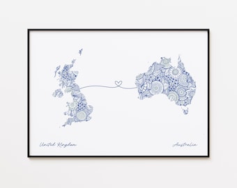 United Kingdom Australia Map Print, Country Connection Wall Art, Faraway Love Gift