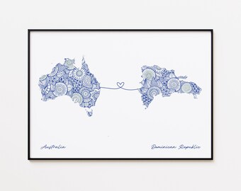 Australia Dominican Republic Map Print, Country Connection Print, Minimal Travel Wall Art