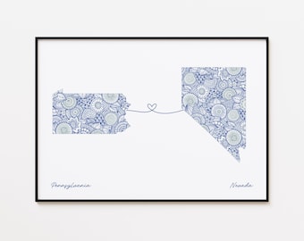Pennsylvania Nevada Map Print, Two States Friendship Art, Moving Away Gift