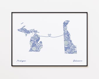 Impresión del mapa de Michigan y Delaware, impresión de conexión estatal, regalo de amor lejano