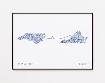 North Carolina Virginia Map Print, State Heart Map, Housewarming Gift