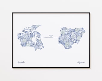 Impresión de mapa de Canadá y Nigeria, impresión de conexión con el país, regalo de inauguración de la casa