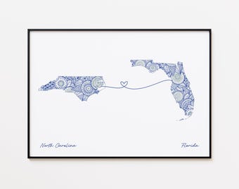 Impresión de mapas de Carolina del Norte y Florida, impresión de conexión entre estados, impresión de mapas de amistad