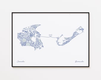 Canada Bermuda Map Print, Countries Connection Map, Borderless Love Gift