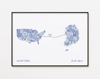 USA South Korea Map Print, Country Connection Map, Long Distance Gift