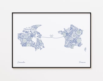 Impresión de mapa de Canadá y Francia, regalo de conexión con el país, impresión de viaje de amistad