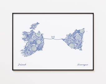 Ireland Nicaragua Map Print, Country Heart Map, Housewarming Gift