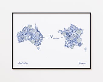 Impresión de mapa de Australia y Francia, impresión de conexión con el país, regalo de despedida
