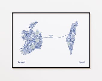 Impresión de mapa de Irlanda e Israel, arte de viaje de dos países, regalo de amor lejano