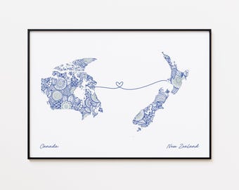 Impresión de mapa de Canadá y Nueva Zelanda, regalo de conexión con el país, regalo de amor sin fronteras