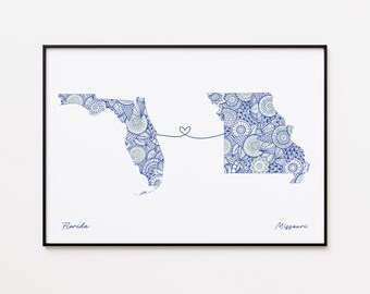 Impresión de mapa de Florida y Misuri: Dos estados aman el arte, arte mural minimalista de viajes