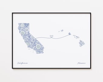 California Hawaii Map Print, Two States Friendship Gift, Long Distance Gift