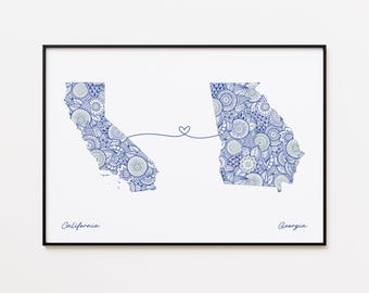 California Georgia Map Print, Two States Travel Art, Housewarming Gift