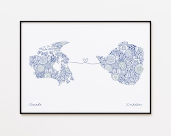 Canada Zimbabwe Map Print, Country Heart Map, Housewarming Gift