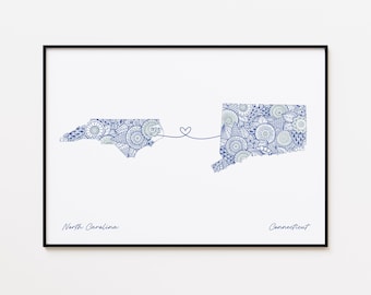 Impresión de mapa de Carolina del Norte y Connecticut, arte de viaje de dos estados, regalo de doble ciudadanía