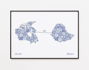 Impresión de mapa de Canadá y Etiopía, mapa de corazón del país, regalo de inauguración de la casa