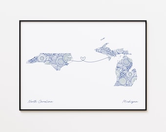 North Carolina Michigan Map Print, Two States Friendship Gift, Moving Away Gift