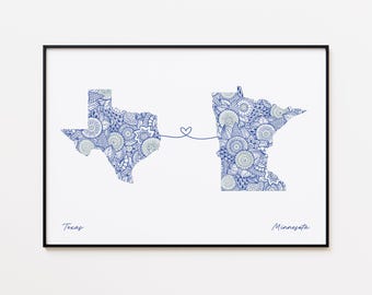 Impresión de mapa de Texas y Minnesota, impresión de conexión estatal, regalo de doble ciudadanía