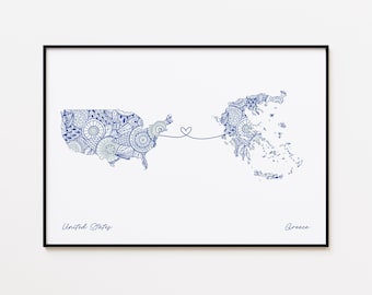 USA Greece Map Print, Country Heart Map, Friendship Map Print
