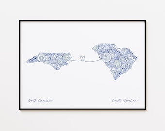 Impresión de mapas de Carolina del Norte y Carolina del Sur: arte del amor entre dos estados, regalo para una relación a distancia
