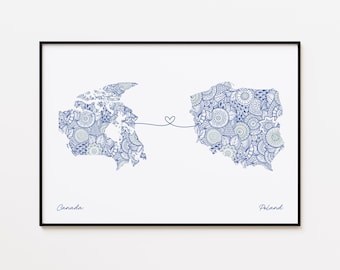 Canada Poland Map Print, Country Connection Gift, Housewarming Gift