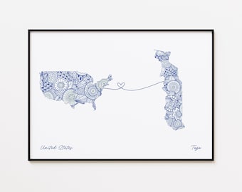 USA Togo Map Print, Country Connection Print, Long Distance Gift