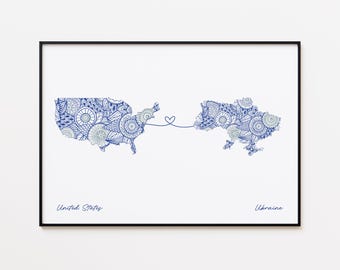 USA Ukraine Map Print, Country Connection Wall Art, Dual Citizenship Gift