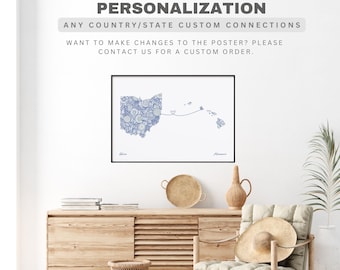 Custom Connection Map Of Any State or Country, Personalized Print Gift