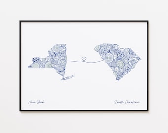 Impresión del mapa de Nueva York y Carolina del Sur, regalo de amistad de dos estados, regalo de amor sin fronteras