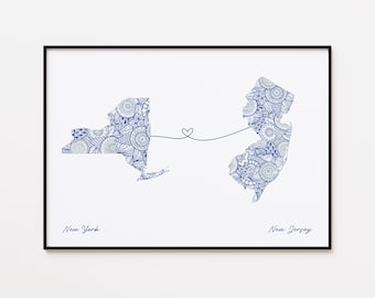 Impresión de mapa de Nueva York y Nueva Jersey, arte de viaje de dos estados, regalo de doble ciudadanía