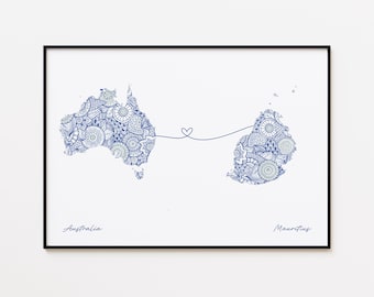 Impresión de mapa de Australia y Mauricio, regalo para mudanza al extranjero, regalo de inauguración de la casa