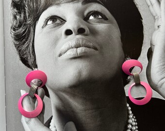 60's Vintage Mod Hot Pink Metal Dangle Hoop Post Earrings Rare