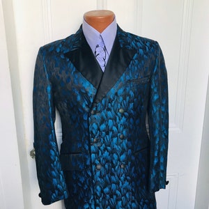 60s Vintage Men's Silk Brocade Blue Black Tux Dinner Jacket 39 Reg.