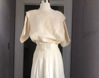 70's/80's Antique White Linen Dress Skirt 20's Style Sm/Med Coat of Many Colors