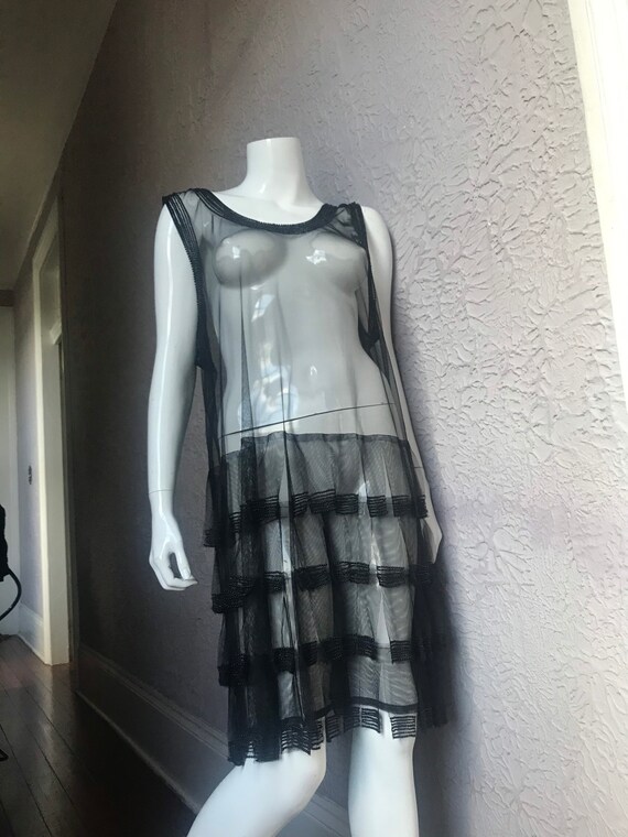 1920s Vintage Sheer Black Net Beaded Flapper Dress