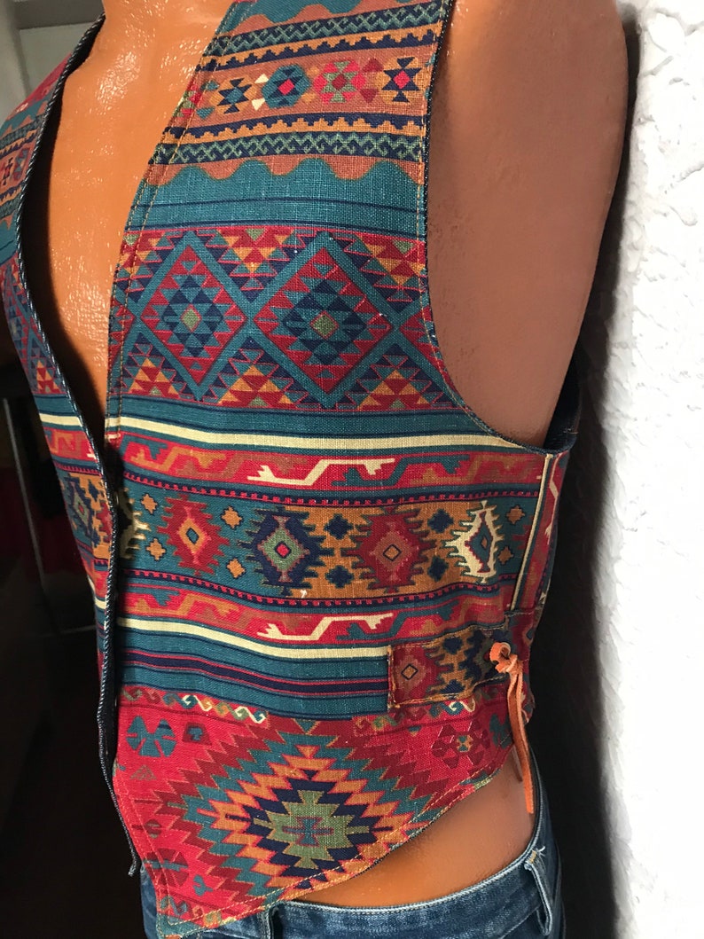 80/'s Vintage Southwestern Denim Vest Suede Leather Artisan Western Wear smmed