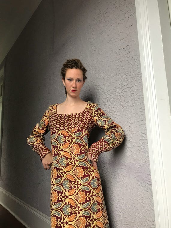 60s Vintage Indian Tapestry Brocade Hippie Dress s