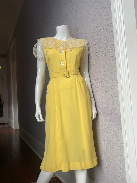 1930's Vintage Yellow Rayon Dress handmade lace m… - image 1