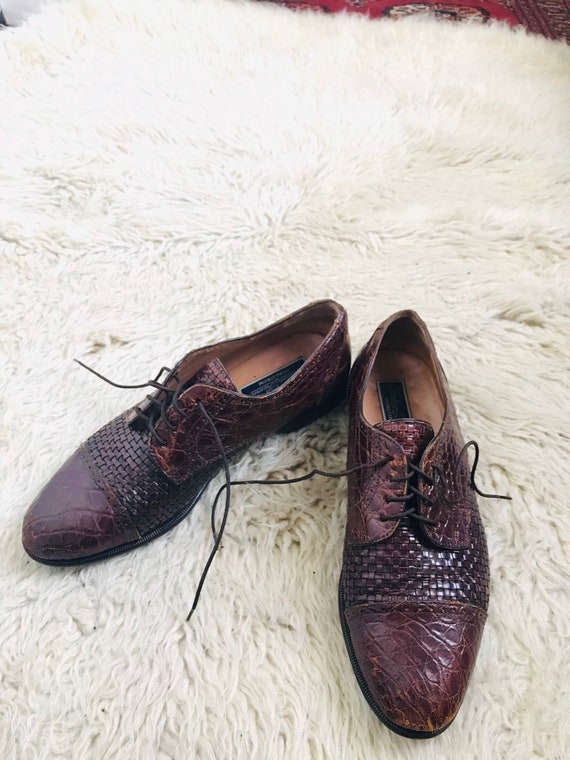 80's Vintage Men's Brown Crocodile Oxford shoes in