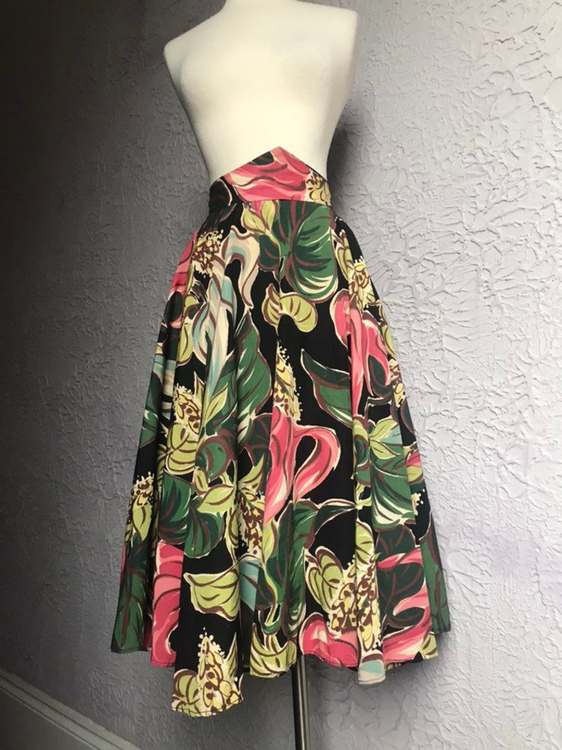 1940/'s Vintage Rayon Floral High Waist Circle Skirt XSm